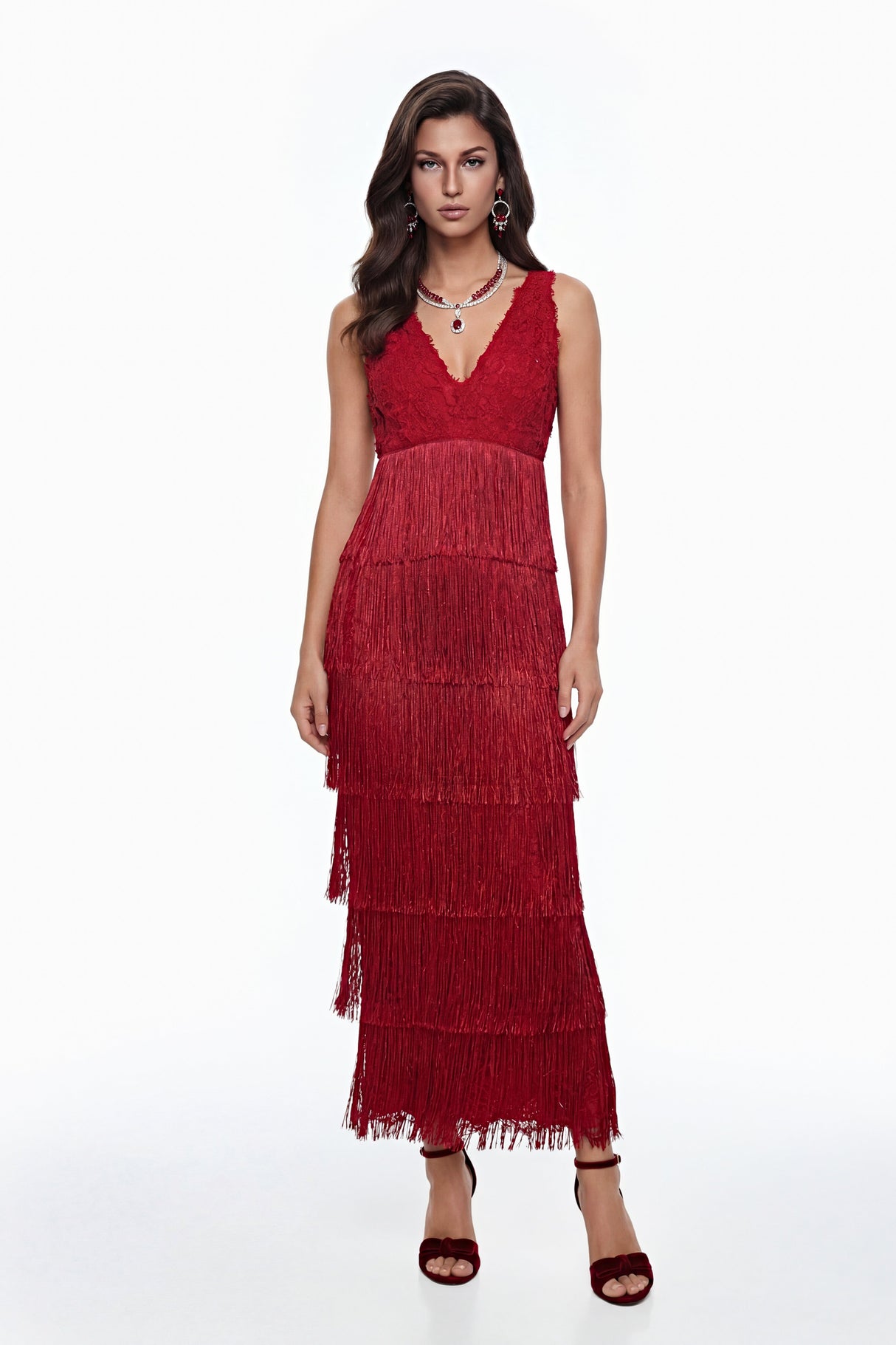 Aurohaya Isoldeia Red Sleeveless Lace Maxi Dress