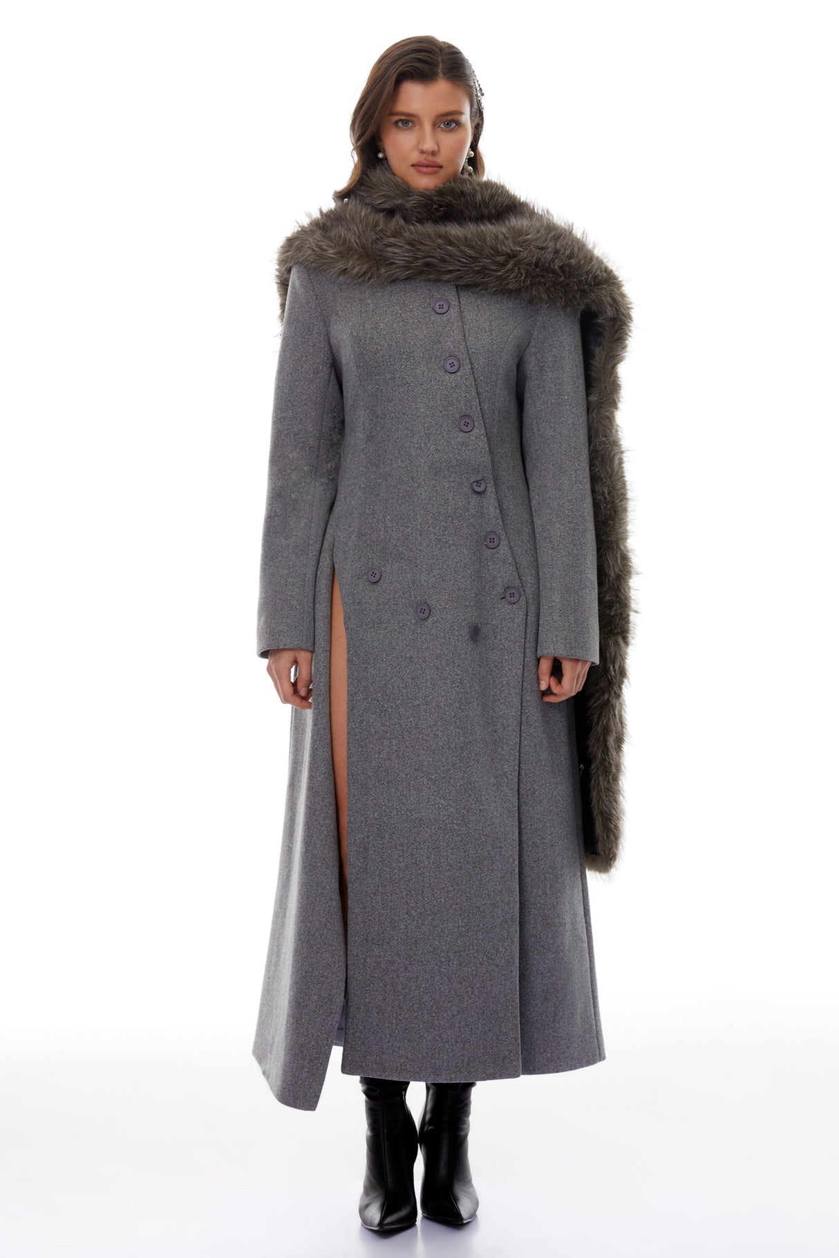 Aurohaya Izan Grey Asymmetrical Tweed Blazer Maxi Dress