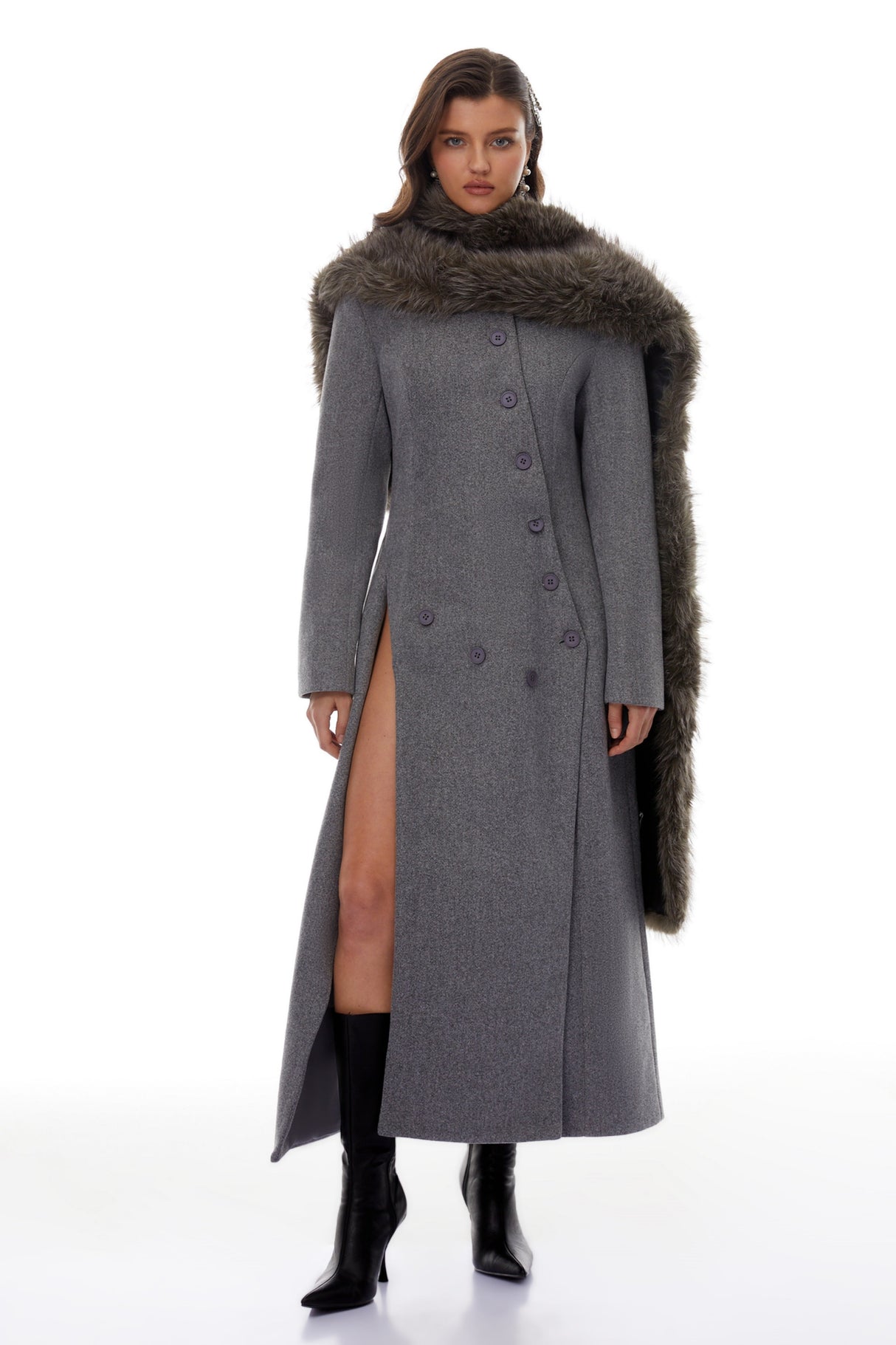 Aurohaya Izan Grey Asymmetrical Tweed Blazer Maxi Dress