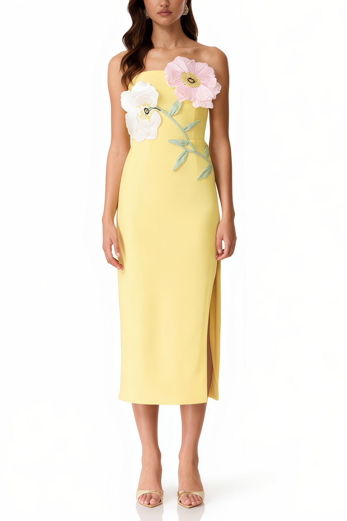 Aurohaya Jacqueline Yellow Floral Appliqué Midi Dress