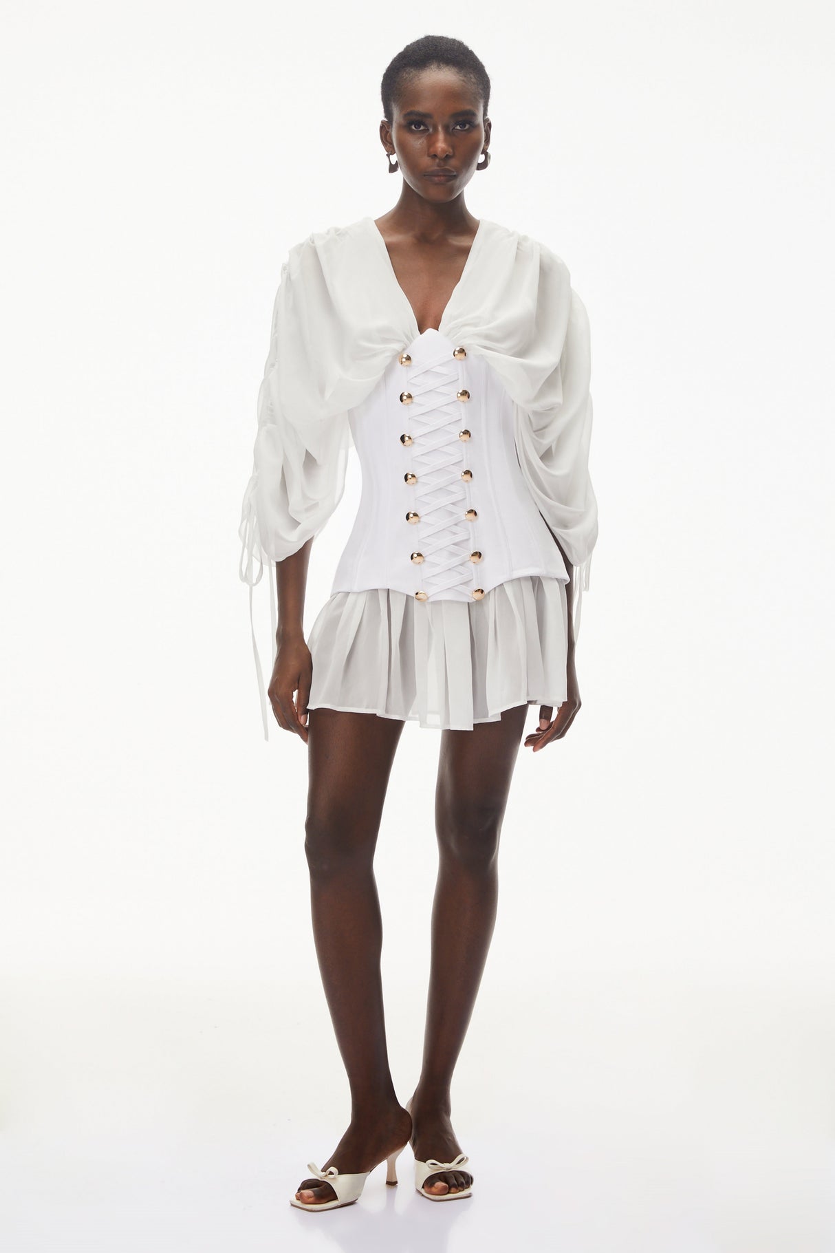 Aurohaya Jasmine White V-Neck Ruched Mini Dress