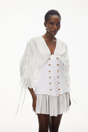 Aurohaya Jasmine White V-Neck Ruched Mini Dress