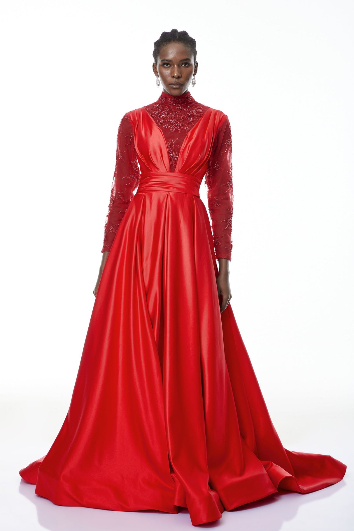 Aurohaya Jelena Red Embellished Satin Maxi Gown