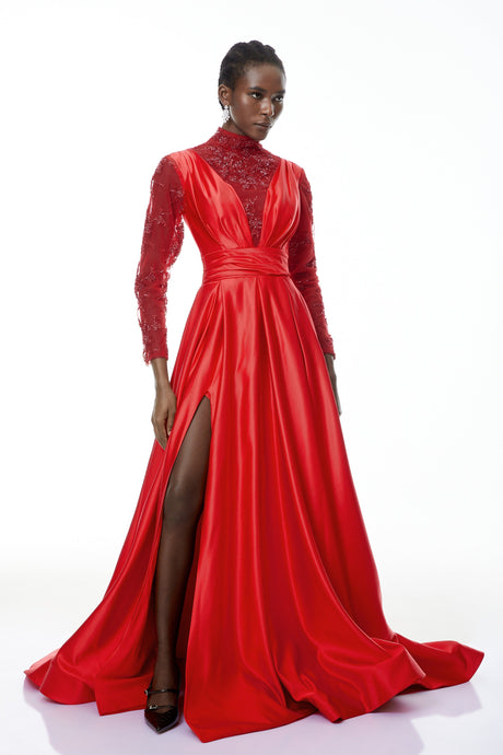 Aurohaya Jelena Red Embellished Satin Maxi Gown