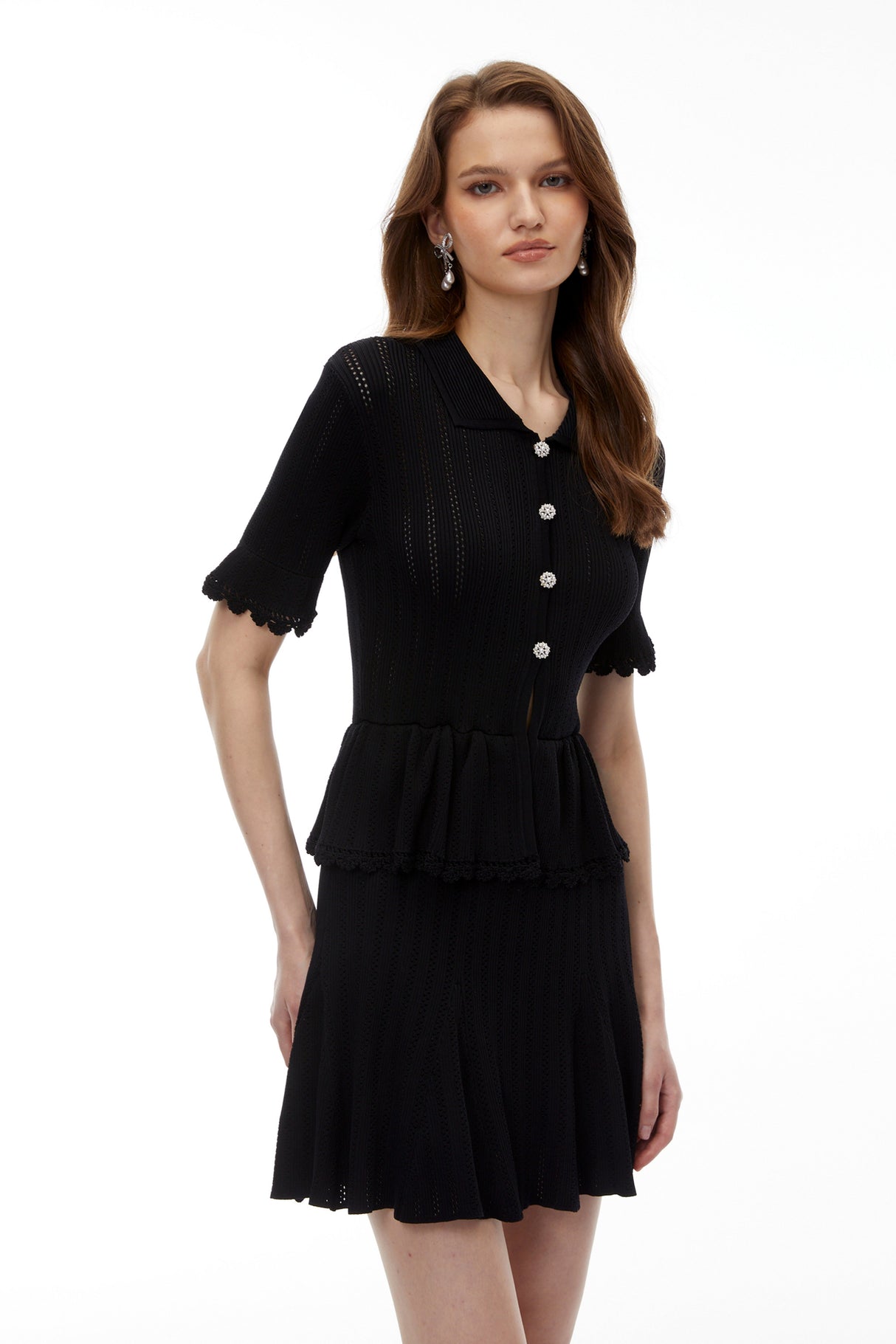 Aurohaya Jocasta Black Stretch Knit Lace Mini Dress