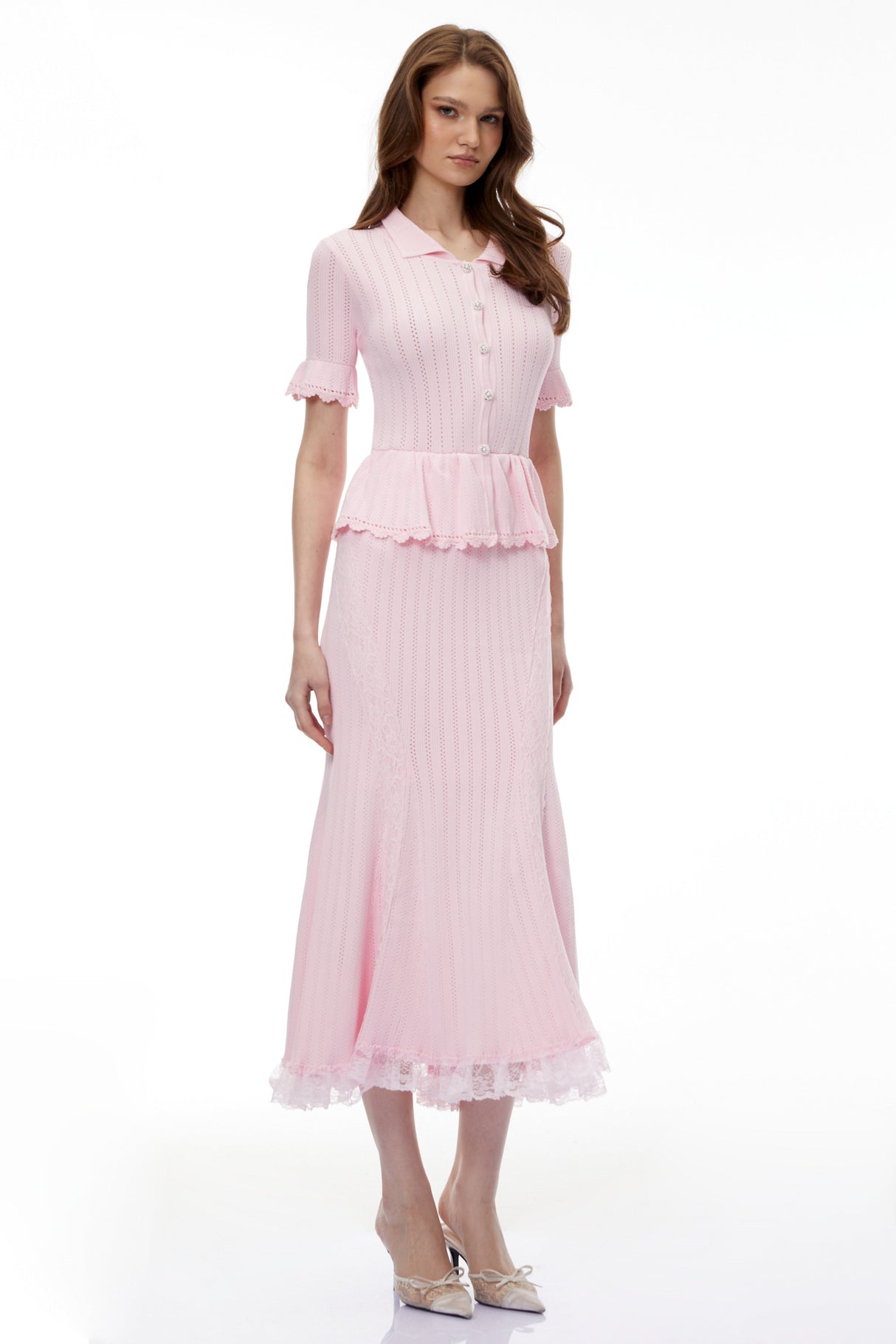 Aurohaya Jocasta Pink Stretch Lace Knit Midi Dress
