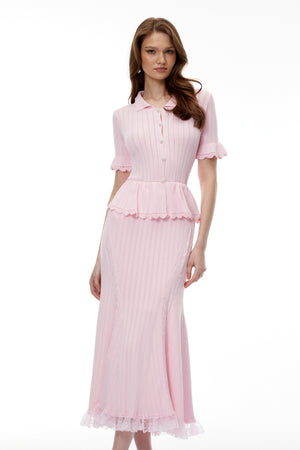 Aurohaya Jocasta Pink Stretch Lace Knit Midi Dress