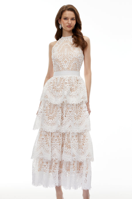 Aurohaya Jocaste White Halterneck Lace Maxi Dress