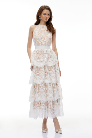 Aurohaya Jocaste White Halterneck Lace Maxi Dress