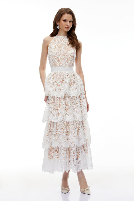 Aurohaya Jocaste White Halterneck Lace Maxi Dress