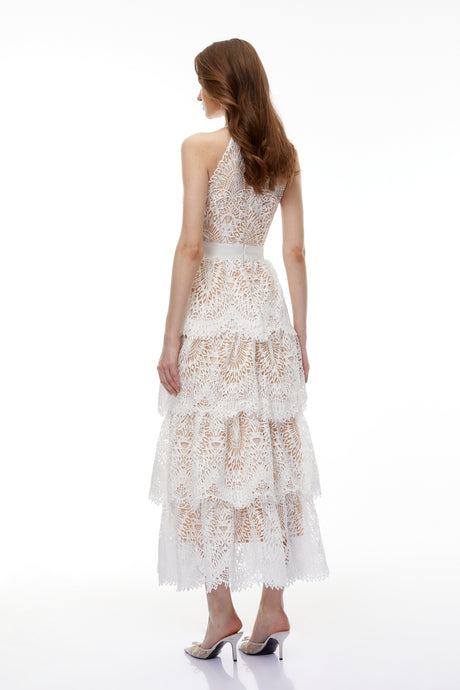 Aurohaya Jocaste White Halterneck Lace Maxi Dress