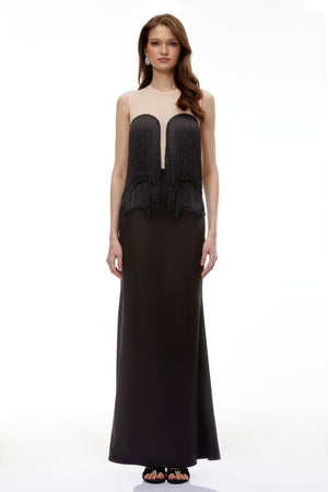 Aurohaya Jochebed Black Semi-Sheer Maxi Dress with Tassels
