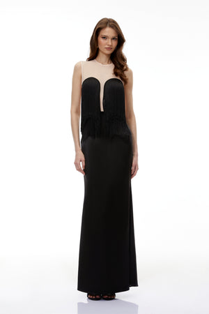 Aurohaya Jochebed Black Semi-Sheer Maxi Dress with Tassels