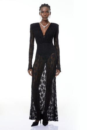 Aurohaya Johanna Black Semi-Sheer Lace Maxi Dress
