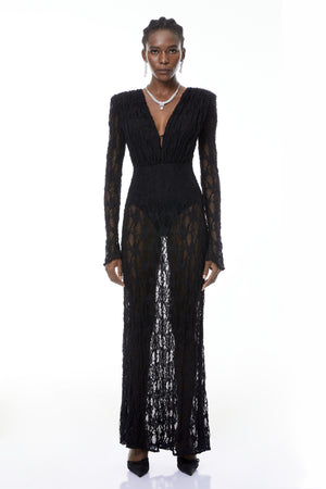 Aurohaya Johanna Black Semi-Sheer Lace Maxi Dress
