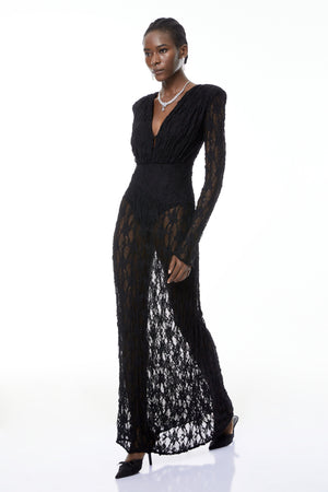 Aurohaya Johanna Black Semi-Sheer Lace Maxi Dress