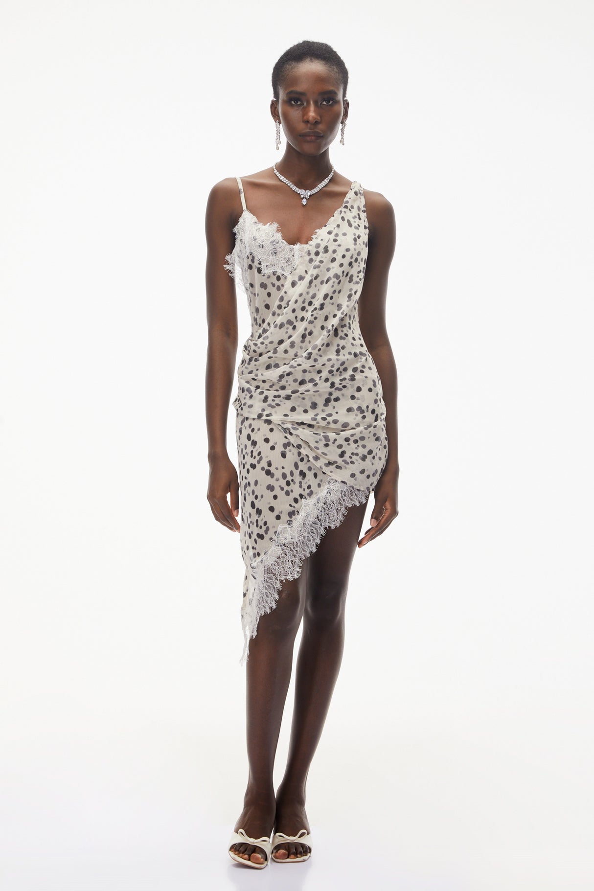 Aurohaya Jord White Polka Dot Mini Dress with Lace Panels