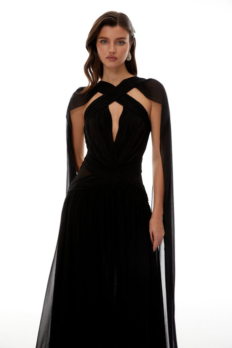 Aurohaya Jorge Black Open Back Ribbon Maxi Dress