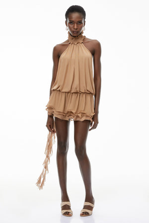 Aurohaya Josephine Khaki Halterneck Ruffled Mini Dress