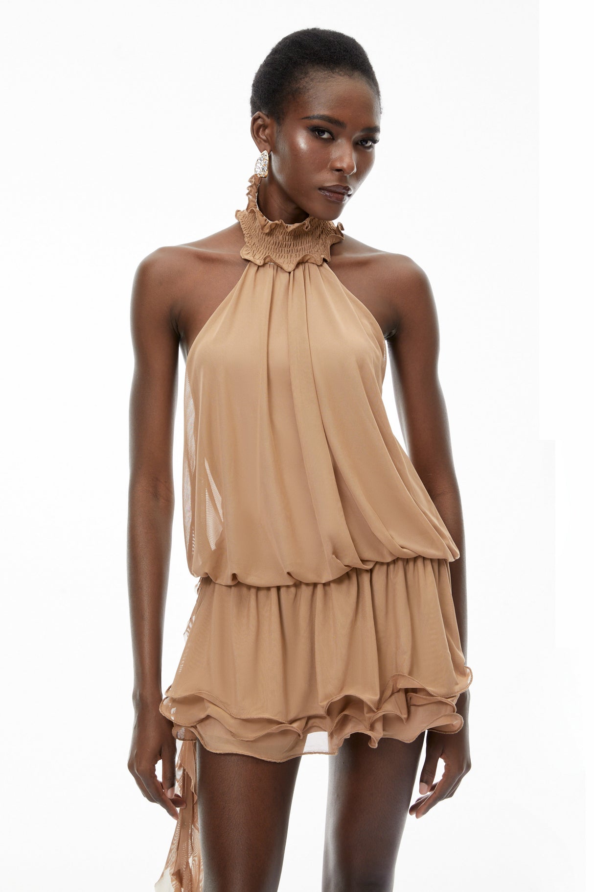 Aurohaya Josephine Khaki Halterneck Ruffled Mini Dress