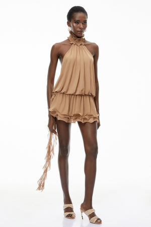 Aurohaya Josephine Khaki Halterneck Ruffled Mini Dress