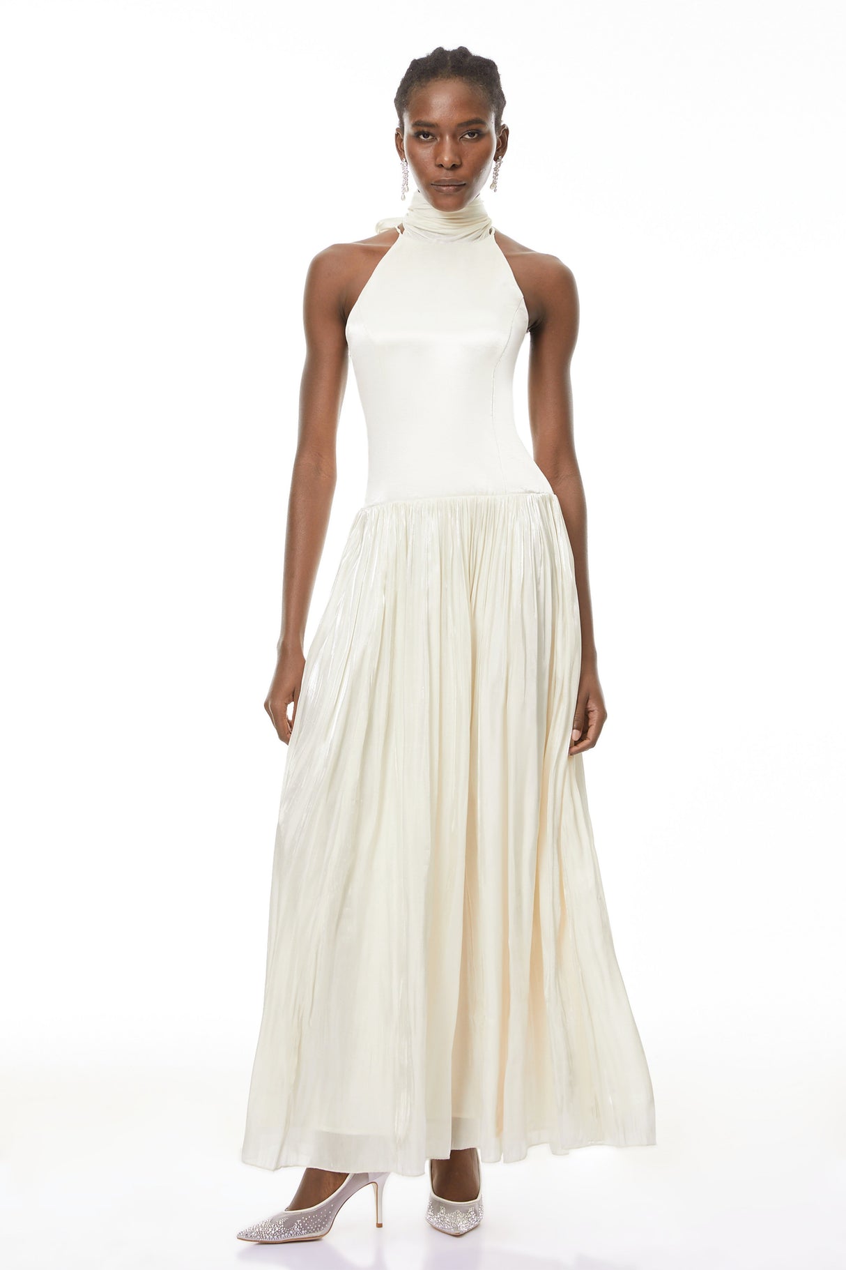 Aurohaya Jovita White Halterneck Pleated Maxi Dress