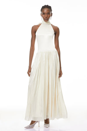 Aurohaya Jovita White Halterneck Pleated Maxi Dress