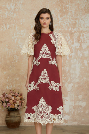 Aurohaya Julia Red Color Block Floral Embroidered Midi Dress