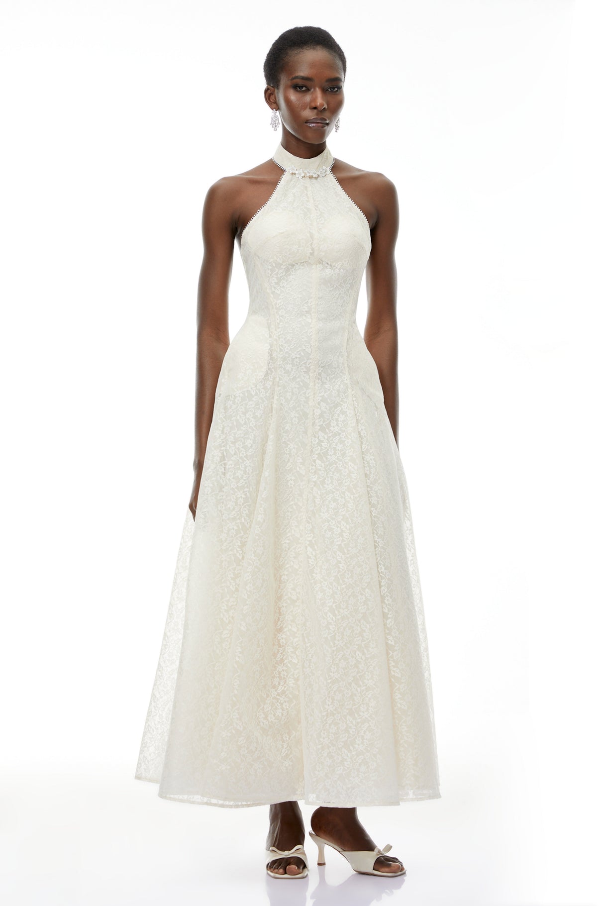 Aurohaya Juliet Cream White Halterneck Floral Lace Maxi Dress