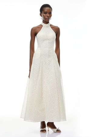 Aurohaya Juliet Cream White Halterneck Floral Lace Maxi Dress
