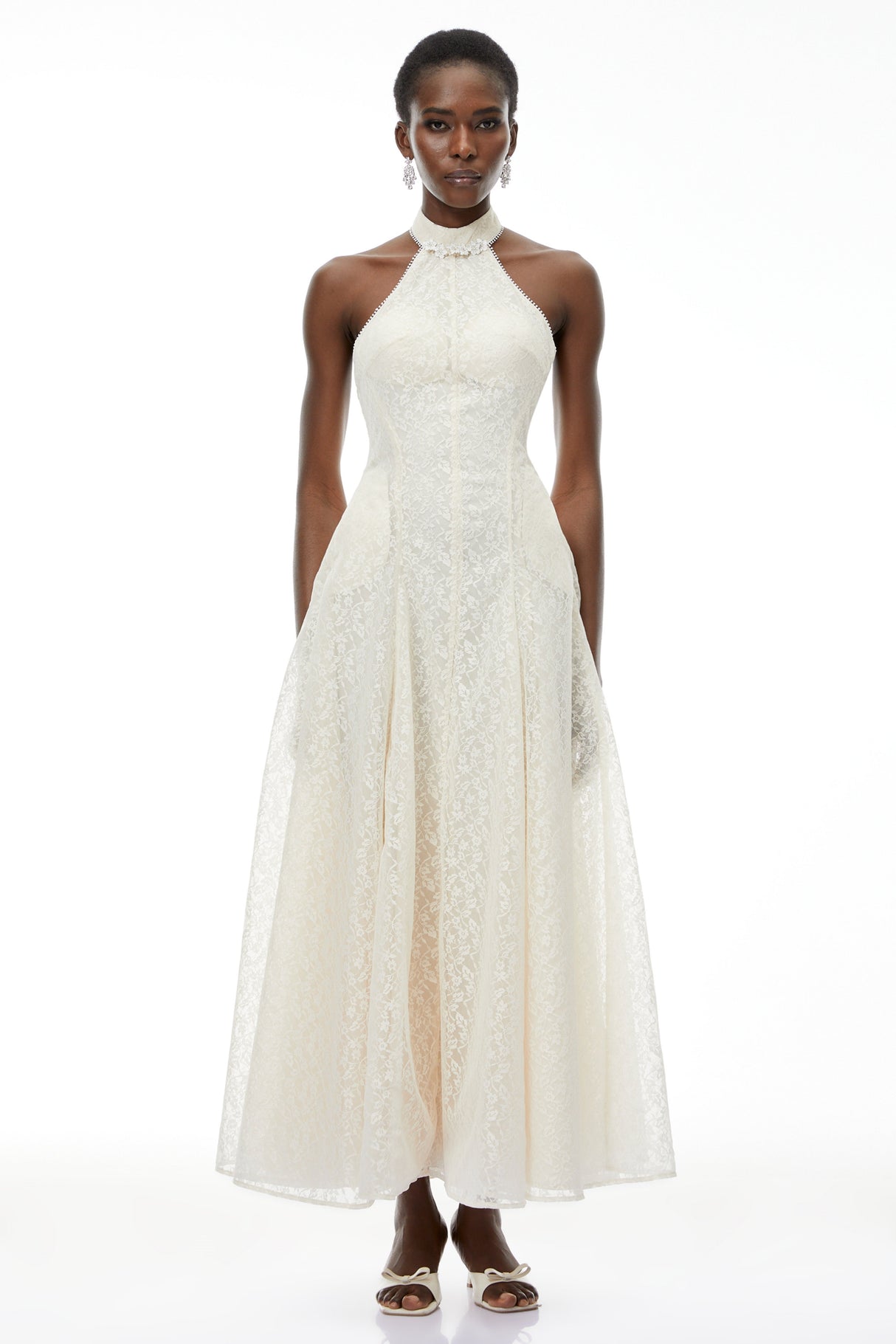 Aurohaya Juliet Cream White Halterneck Floral Lace Maxi Dress