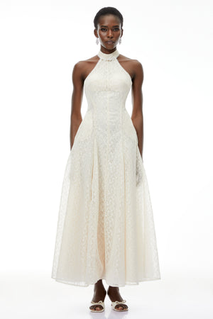 Aurohaya Juliet Cream White Halterneck Floral Lace Maxi Dress