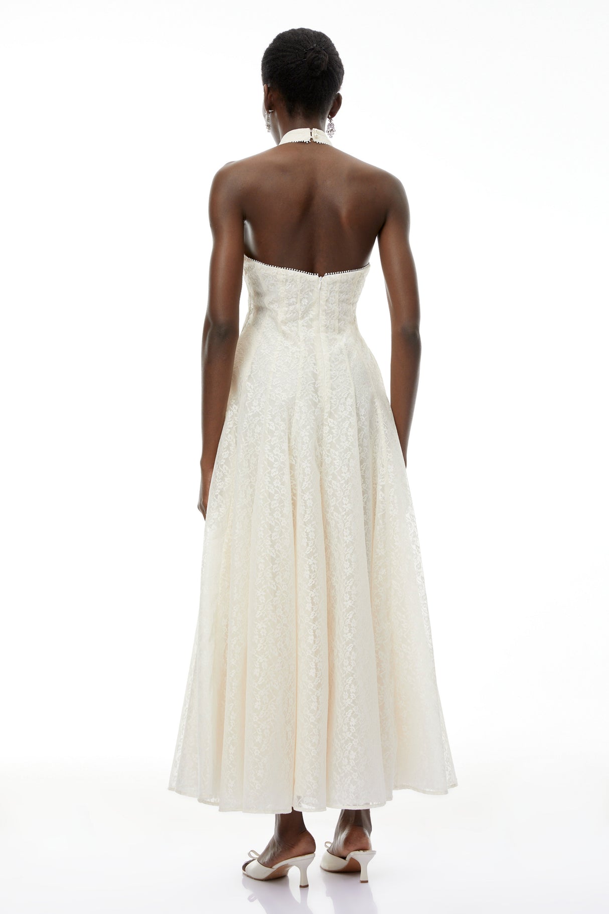 Aurohaya Juliet Cream White Halterneck Floral Lace Maxi Dress