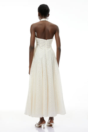 Aurohaya Juliet Cream White Halterneck Floral Lace Maxi Dress