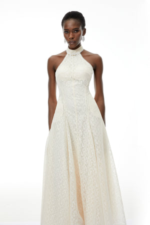 Aurohaya Juliet Cream White Halterneck Floral Lace Maxi Dress