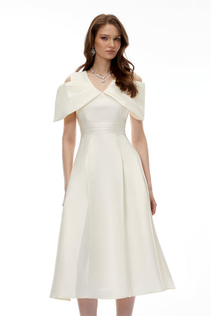 Aurohaya Juniper Champagne V-Neck Satin Midi Dress with Bow Detail