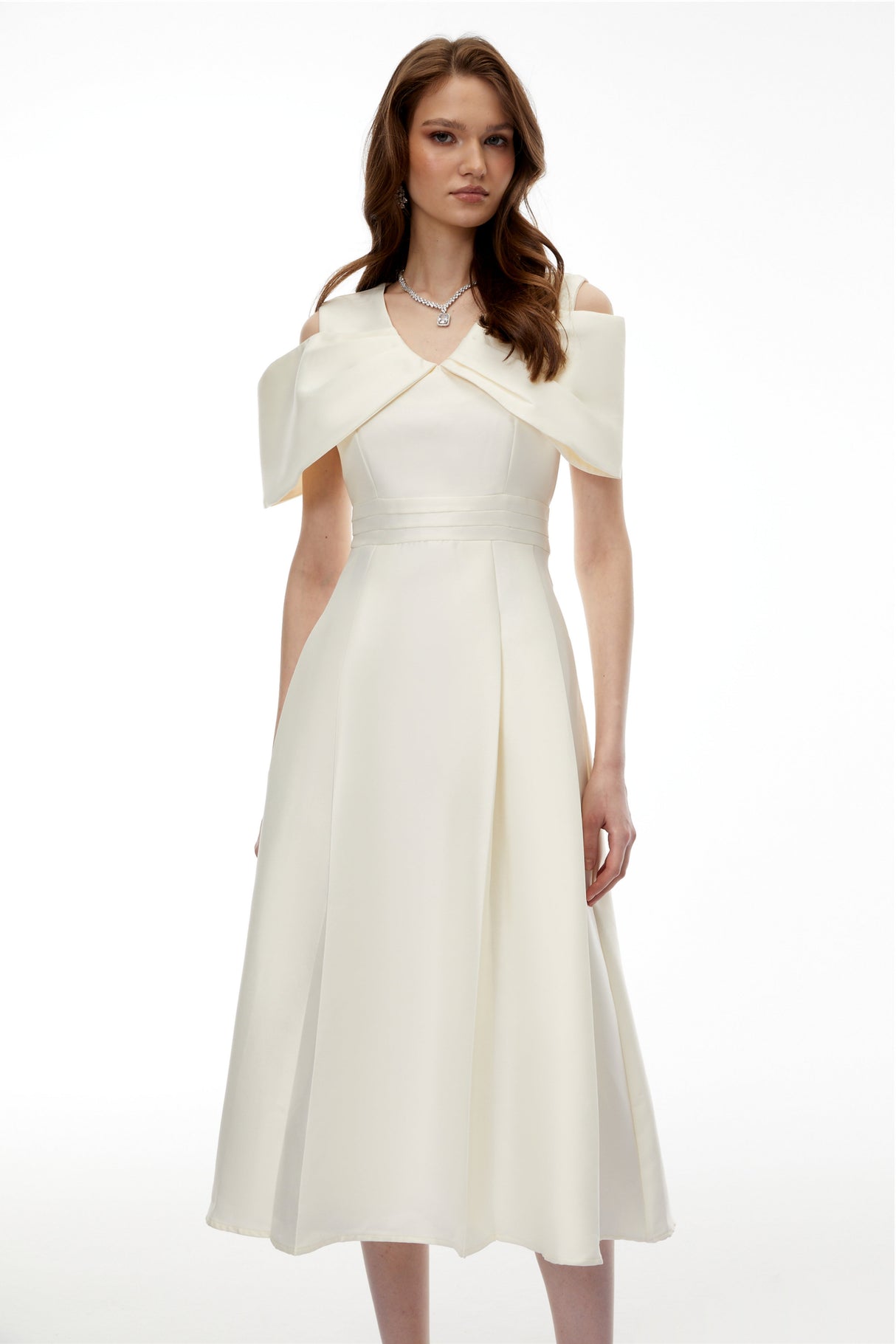 Aurohaya Juniper Champagne V-Neck Satin Midi Dress with Bow Detail