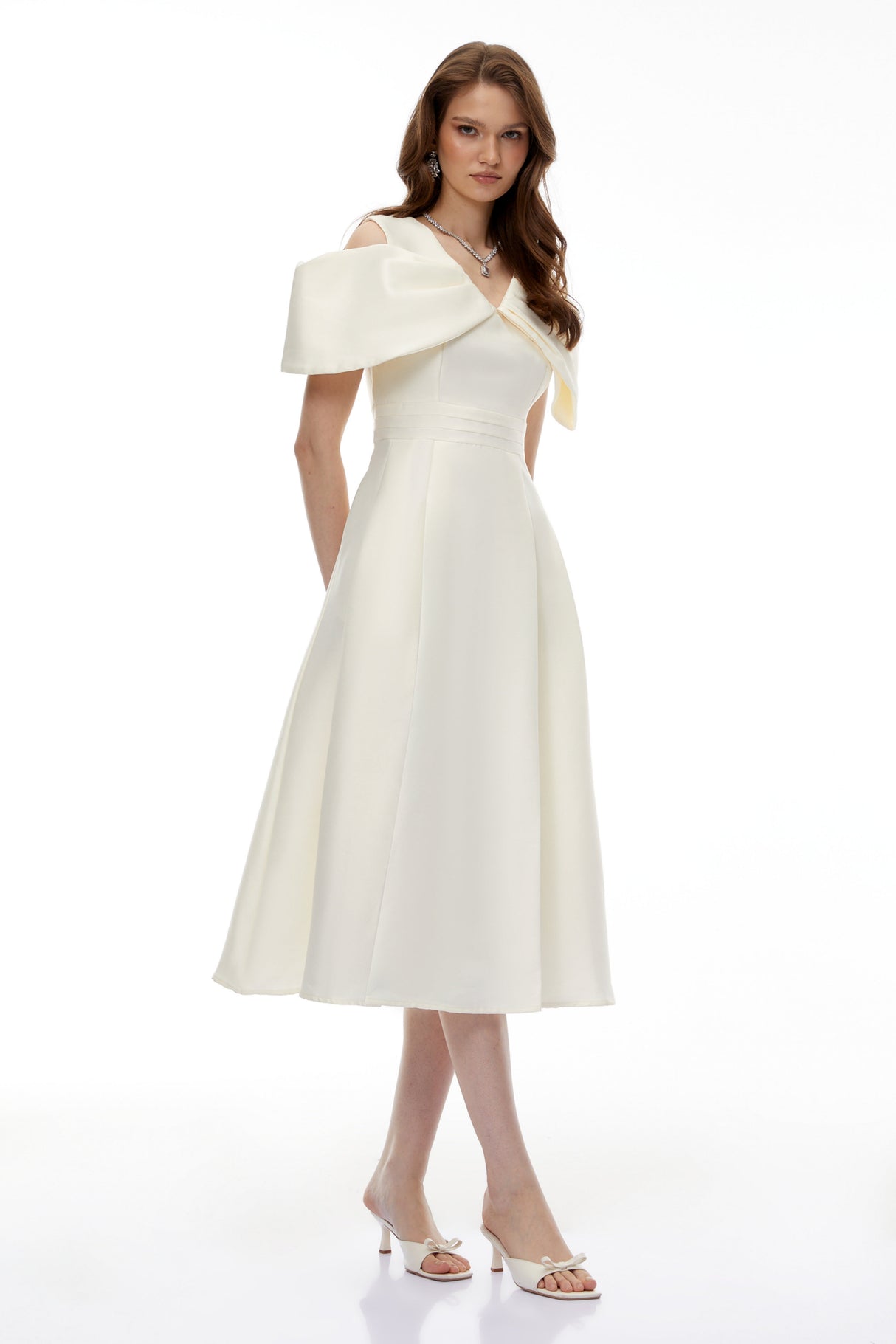 Aurohaya Juniper Champagne V-Neck Satin Midi Dress with Bow Detail