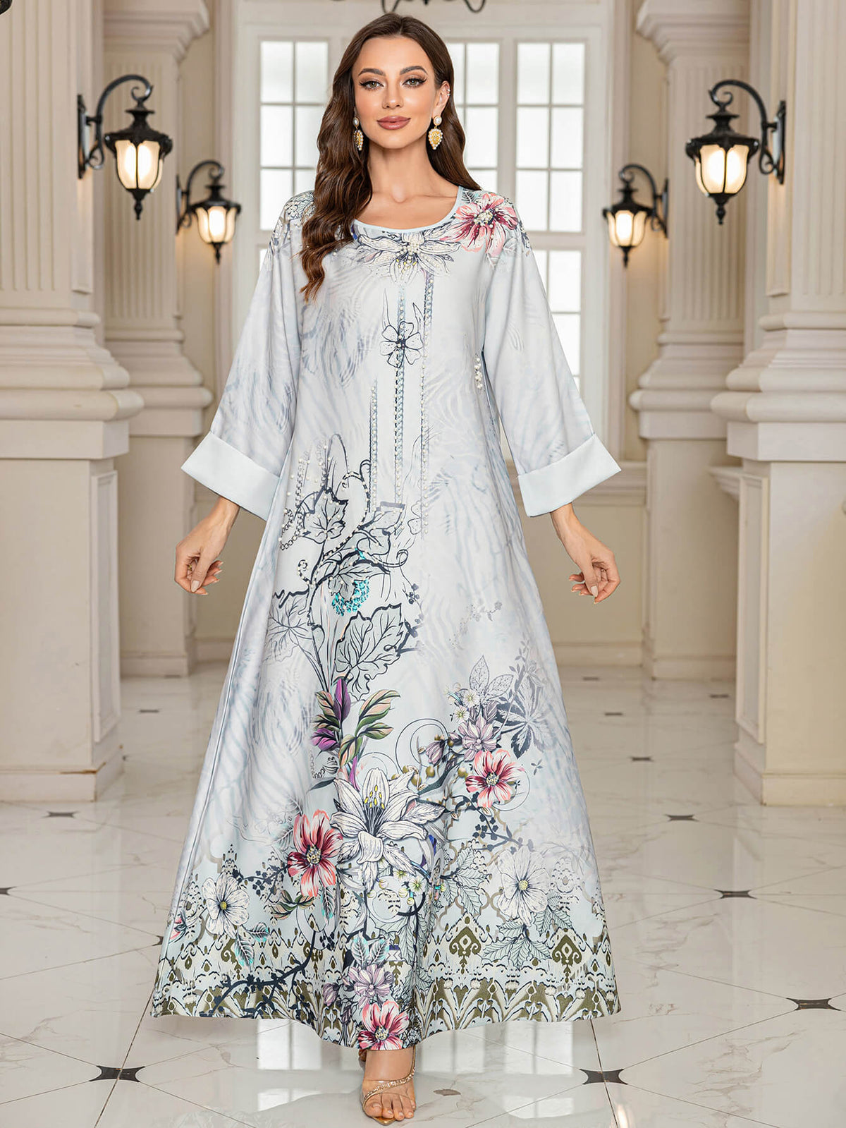 Floral Printed Crystals Embellished Kaftan