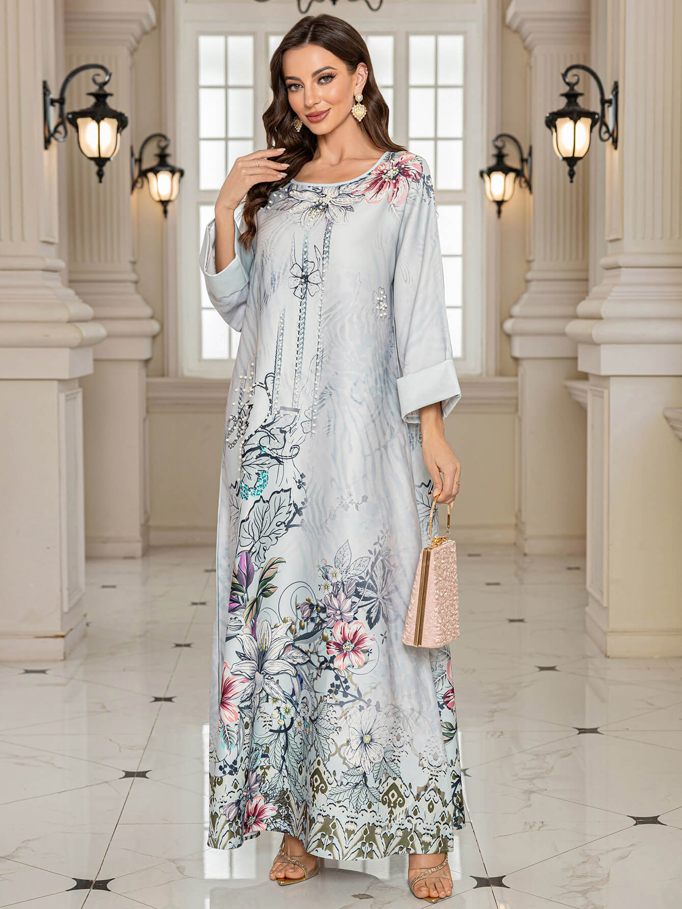 Floral Printed Crystals Embellished Kaftan