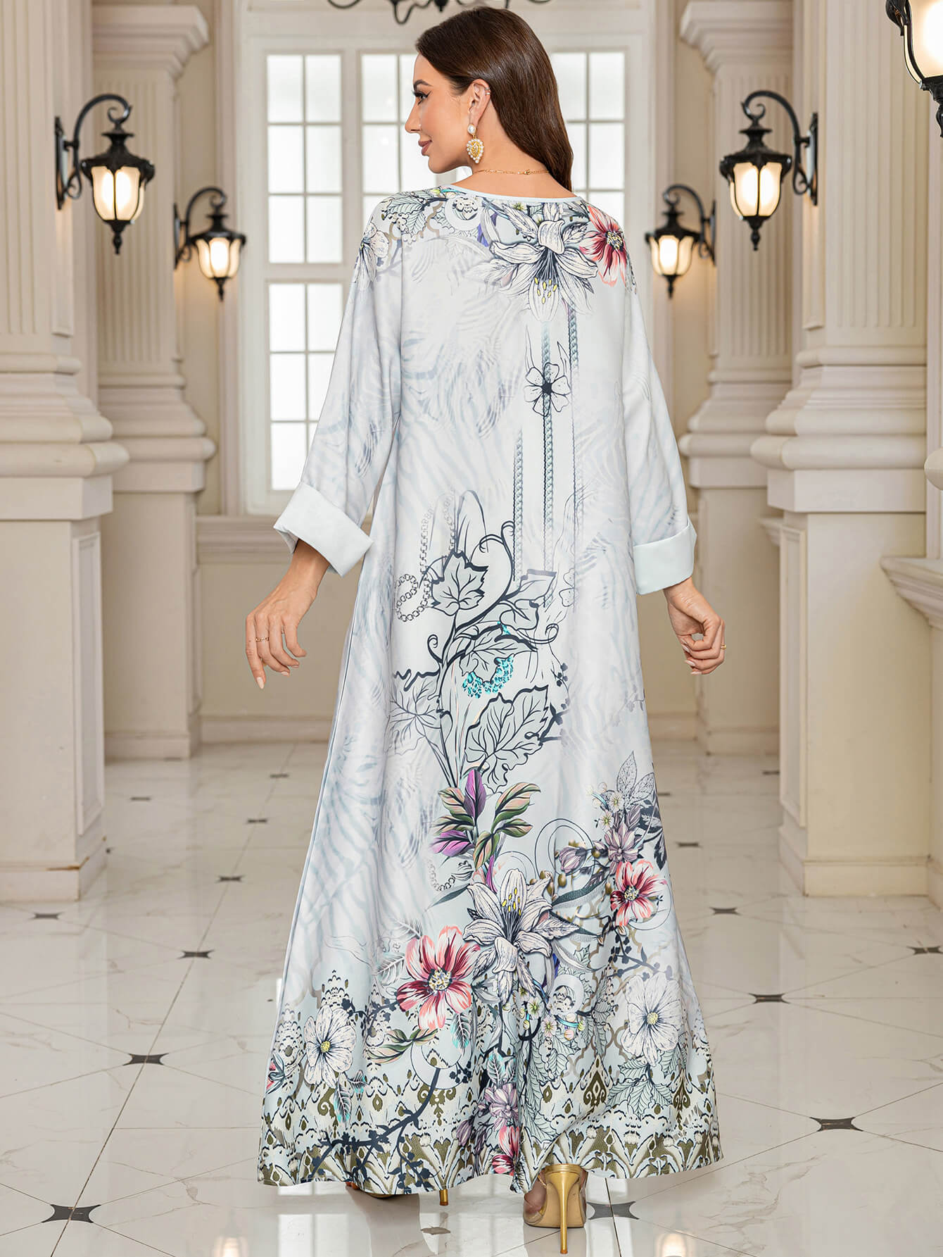 Floral Printed Crystals Embellished Kaftan