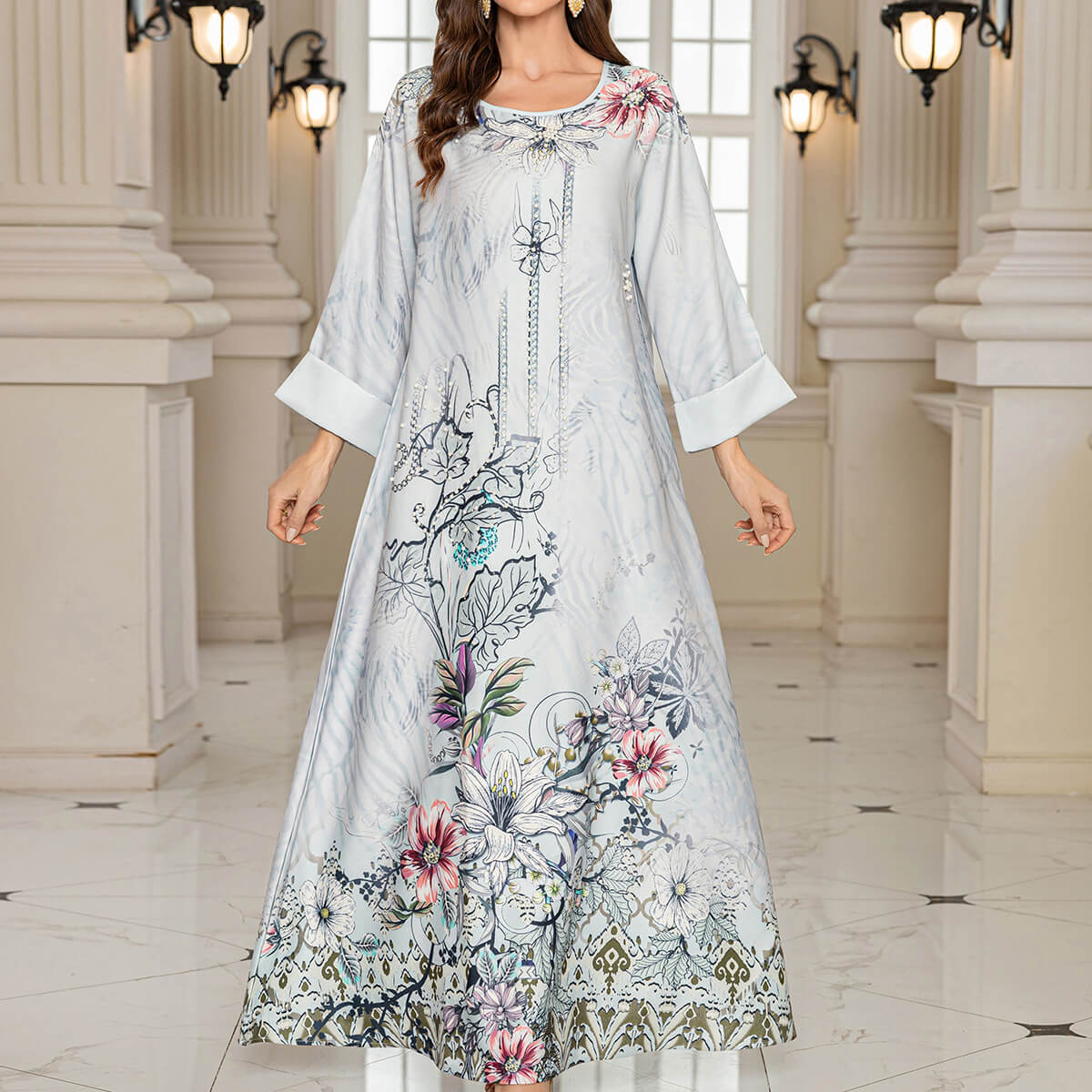 Floral Printed Crystals Embellished Kaftan