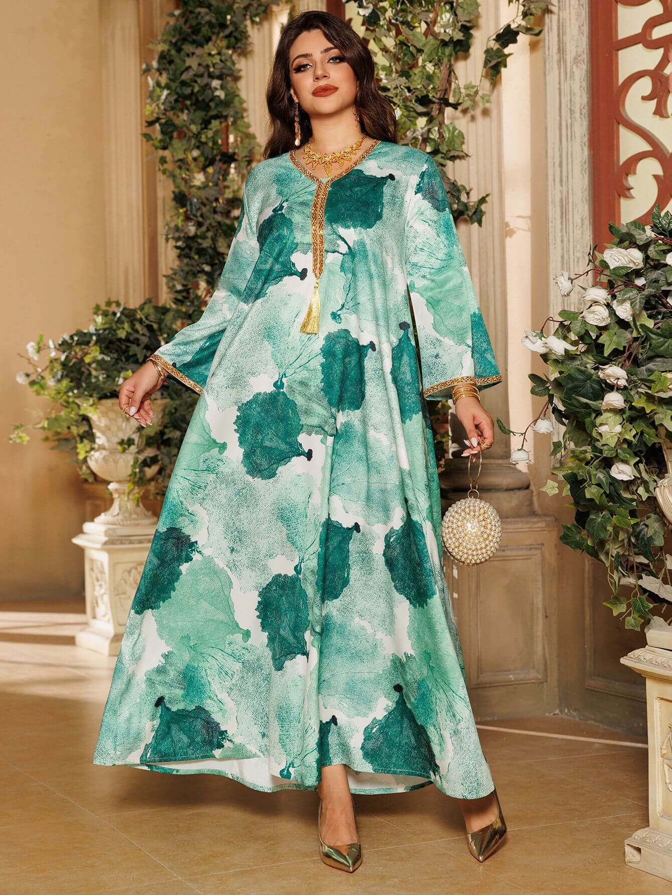 Satin Printed Rhinestone Kaftan Dress