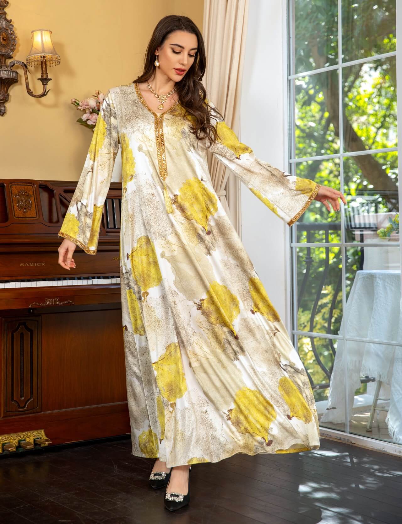 Satin Printed Rhinestone Kaftan Dress