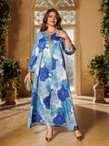 Satin Printed Rhinestone Kaftan Dress