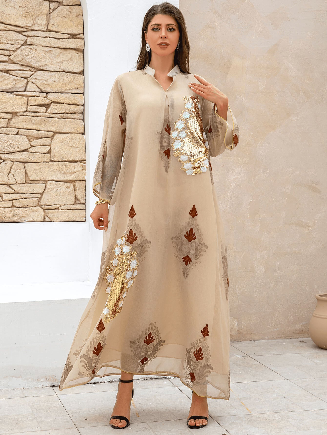 Apricot Floral Sequin Kaftan Dress - Aurohaya