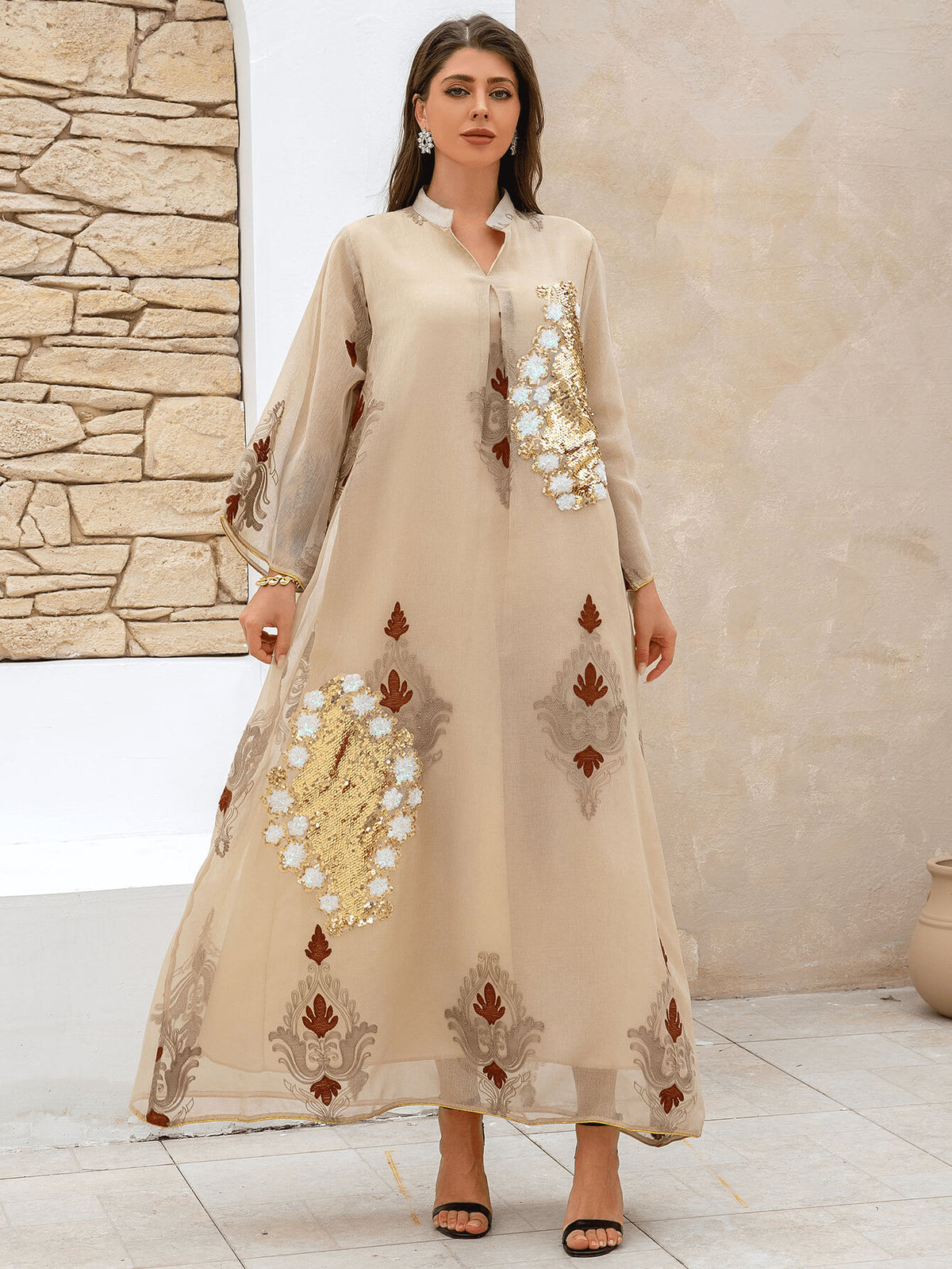 Apricot Floral Sequin Kaftan Dress - Aurohaya