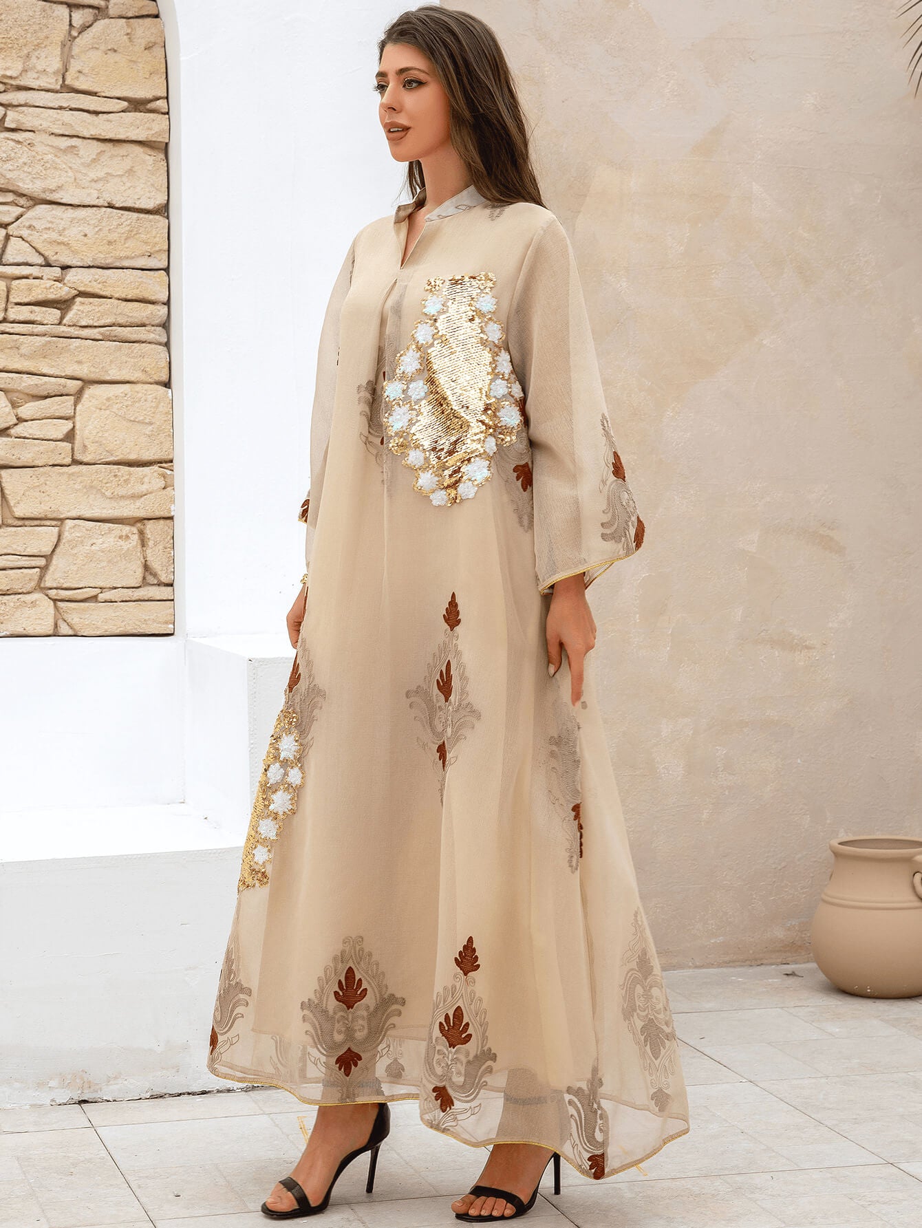 Apricot Floral Sequin Kaftan Dress - Aurohaya