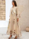Apricot Floral Sequin Kaftan Dress - Aurohaya