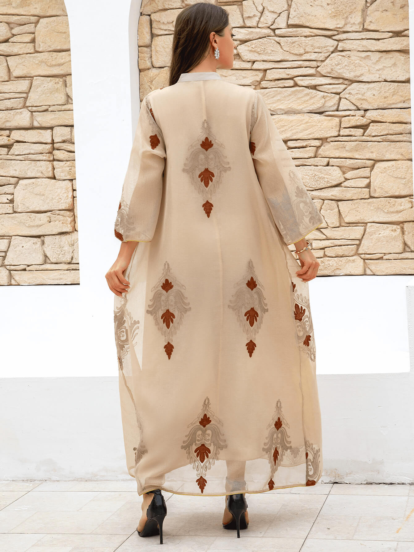 Apricot Floral Sequin Kaftan Dress - Aurohaya